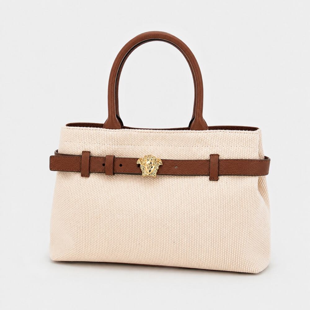 sale ends 10/8 Versace Cream Canvas Tote with Brown Leather Gold Medusa